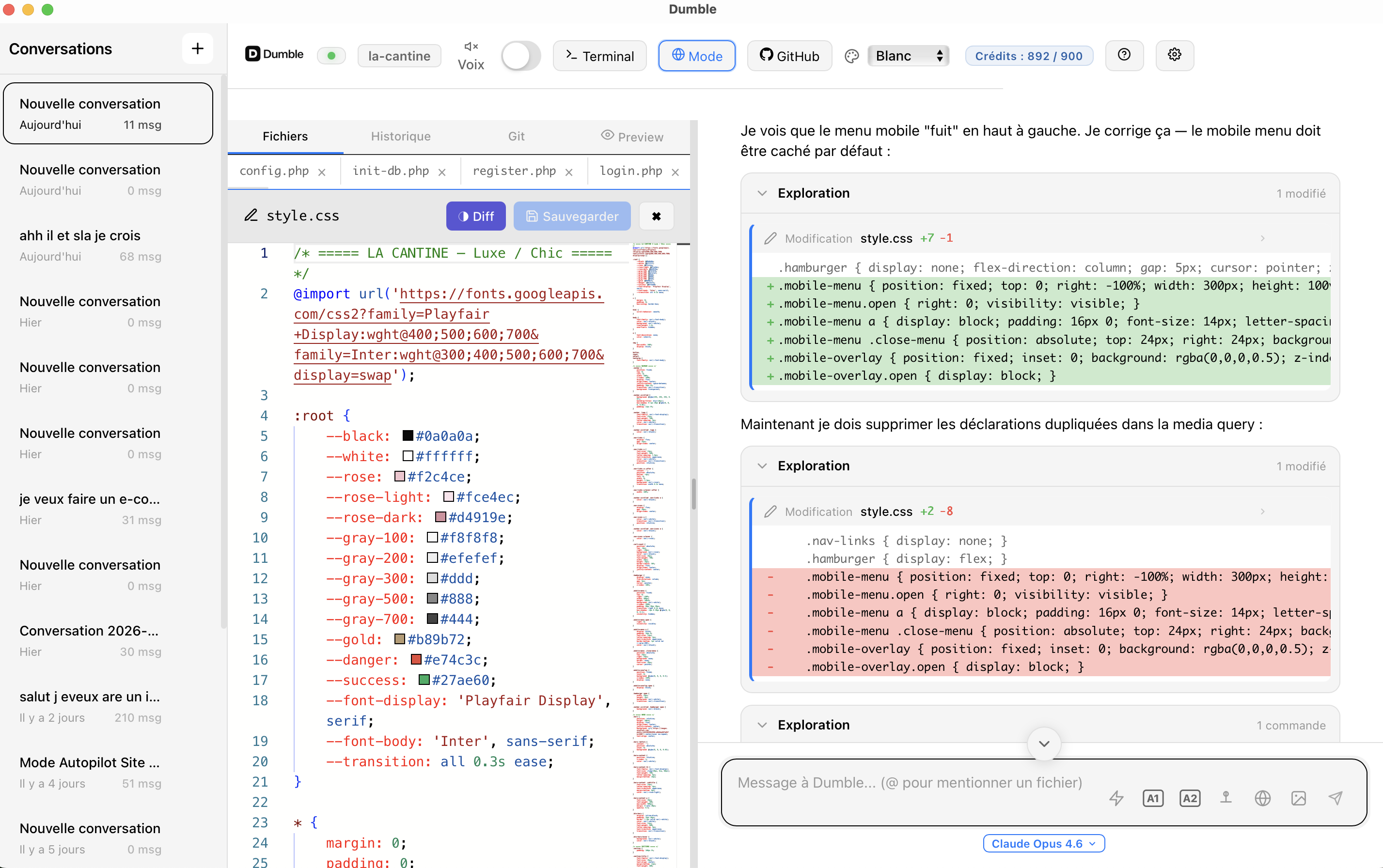 Dumble — Mode développeur avec éditeur de code