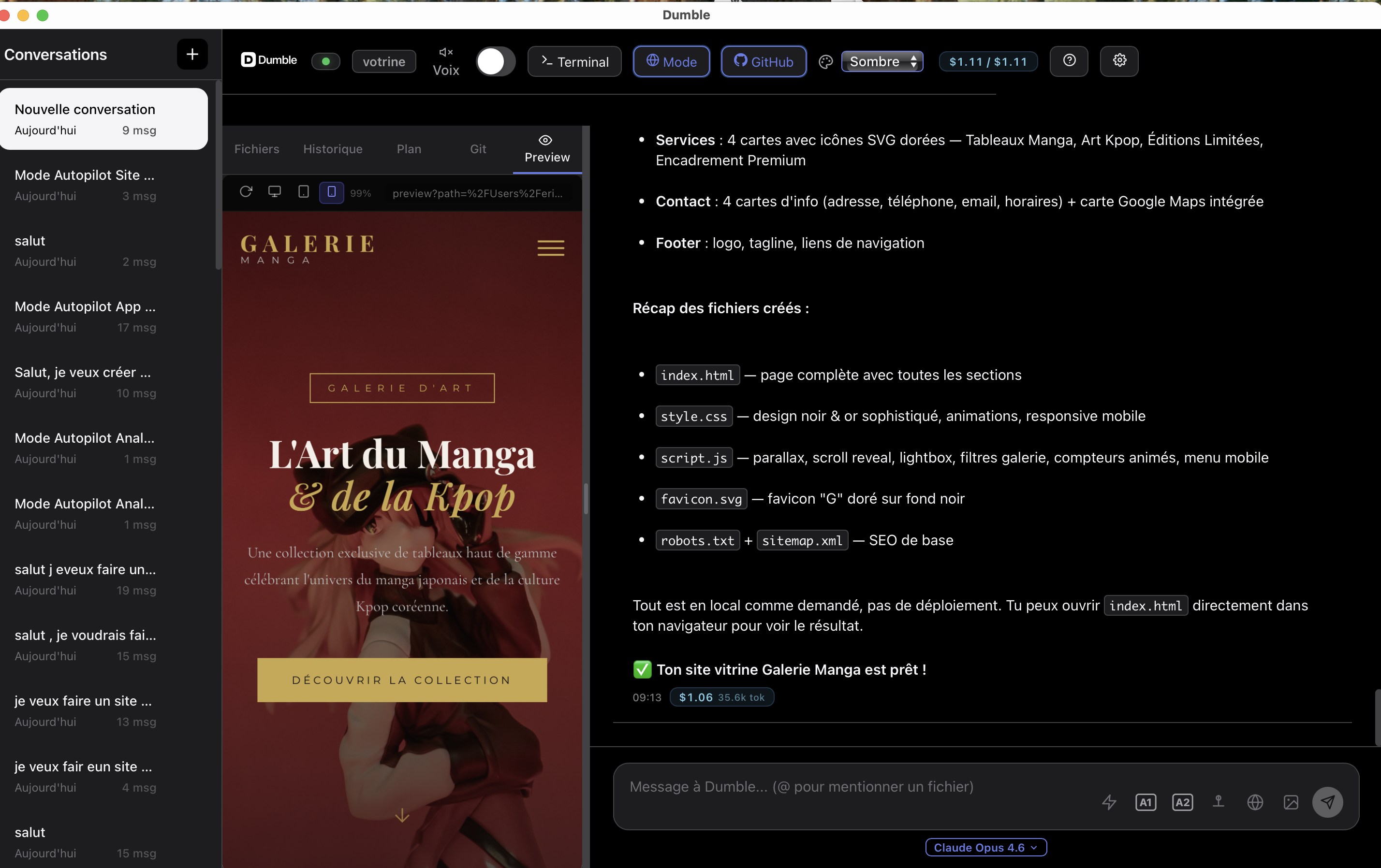 Dumble — Aperçu du site généré