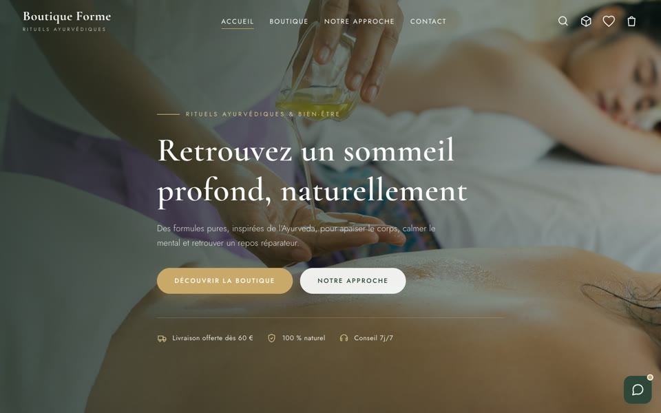 Boutique Forme, huiles et rituels ayurvédiques, boutique en ligne réalisée avec Dumble sur mobile