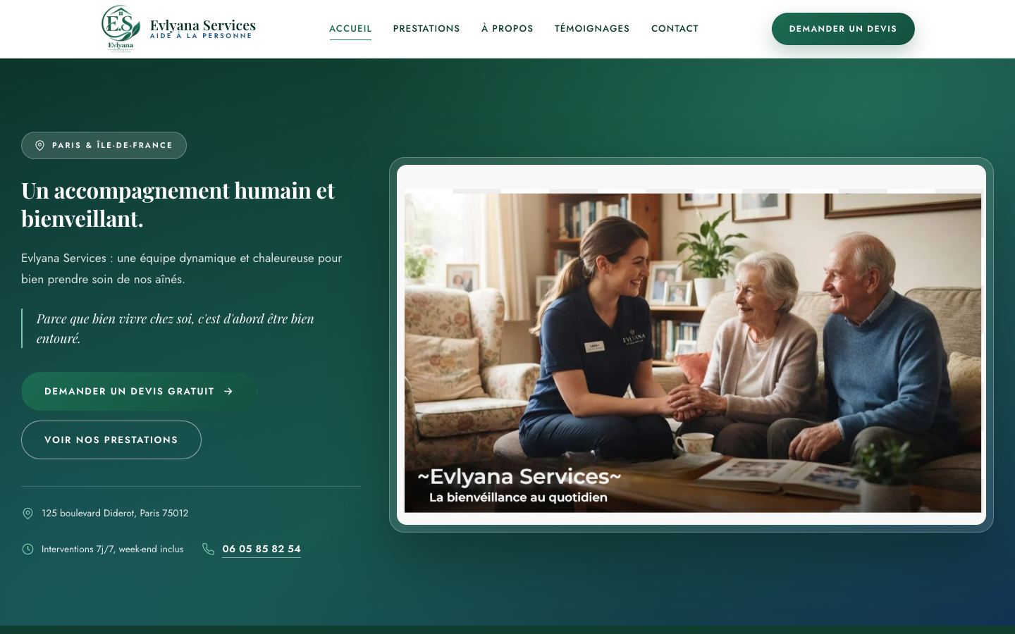 Site Evlyana Services, aide a la personne a domicile, realise avec Dumble