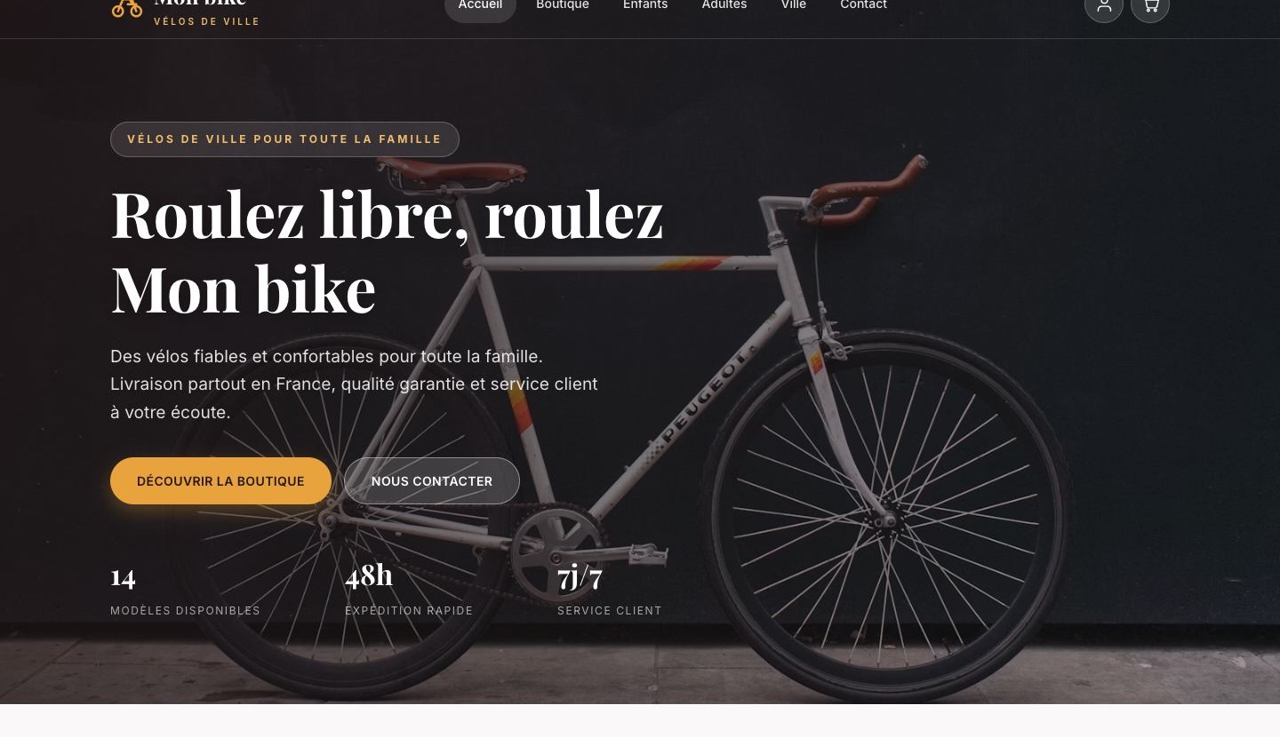Boutique de velos Mon bike realisee avec Dumble sur mobile